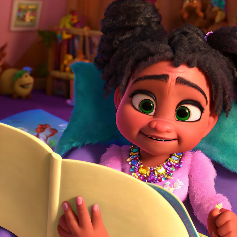 Animated girl with curly pigtails reading in colorful toy-filled room