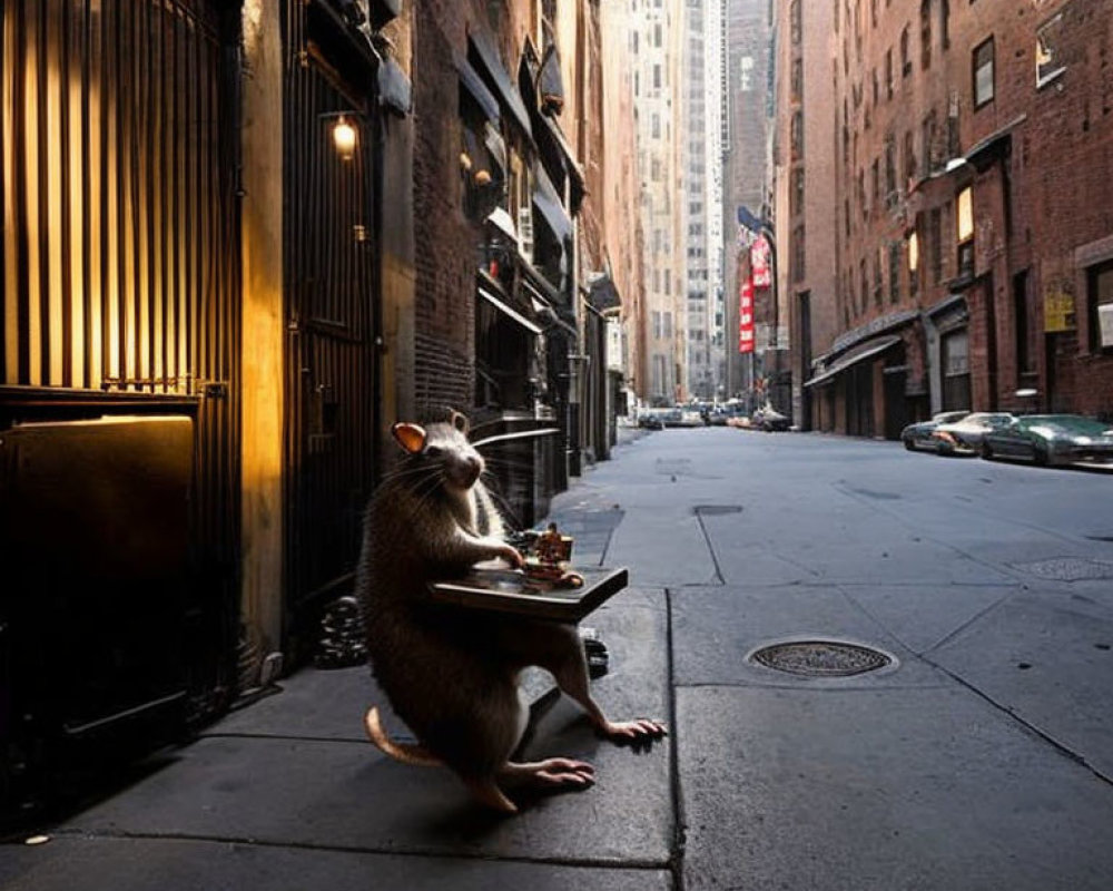 Large Rat Eating Cheese at Miniature Table in City Alleyway