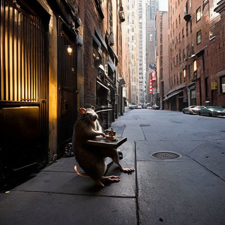 Large Rat Eating Cheese at Miniature Table in City Alleyway