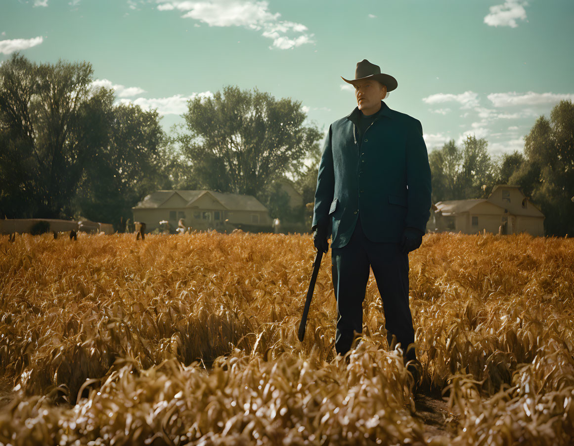 Cowboy in hat with rifle in golden field near rural homes under hazy sky