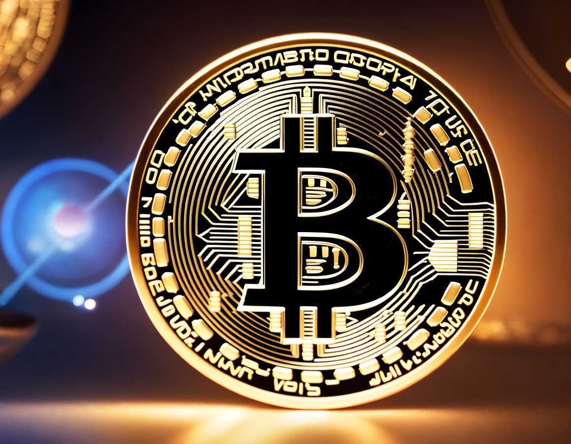 Golden Bitcoin Token with Blurred Cryptocurrency Coins Background