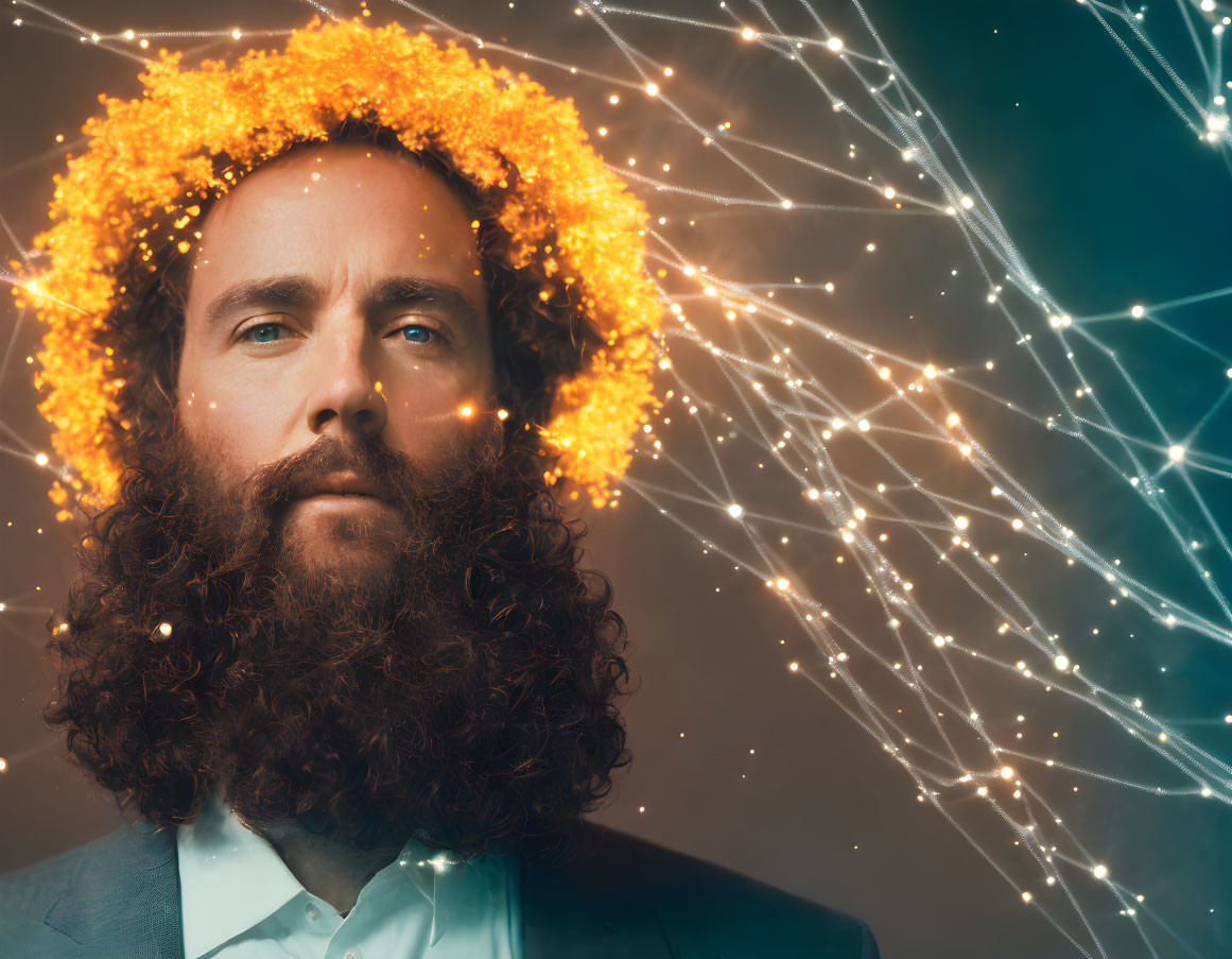 Bearded man with digital halo and network backdrop