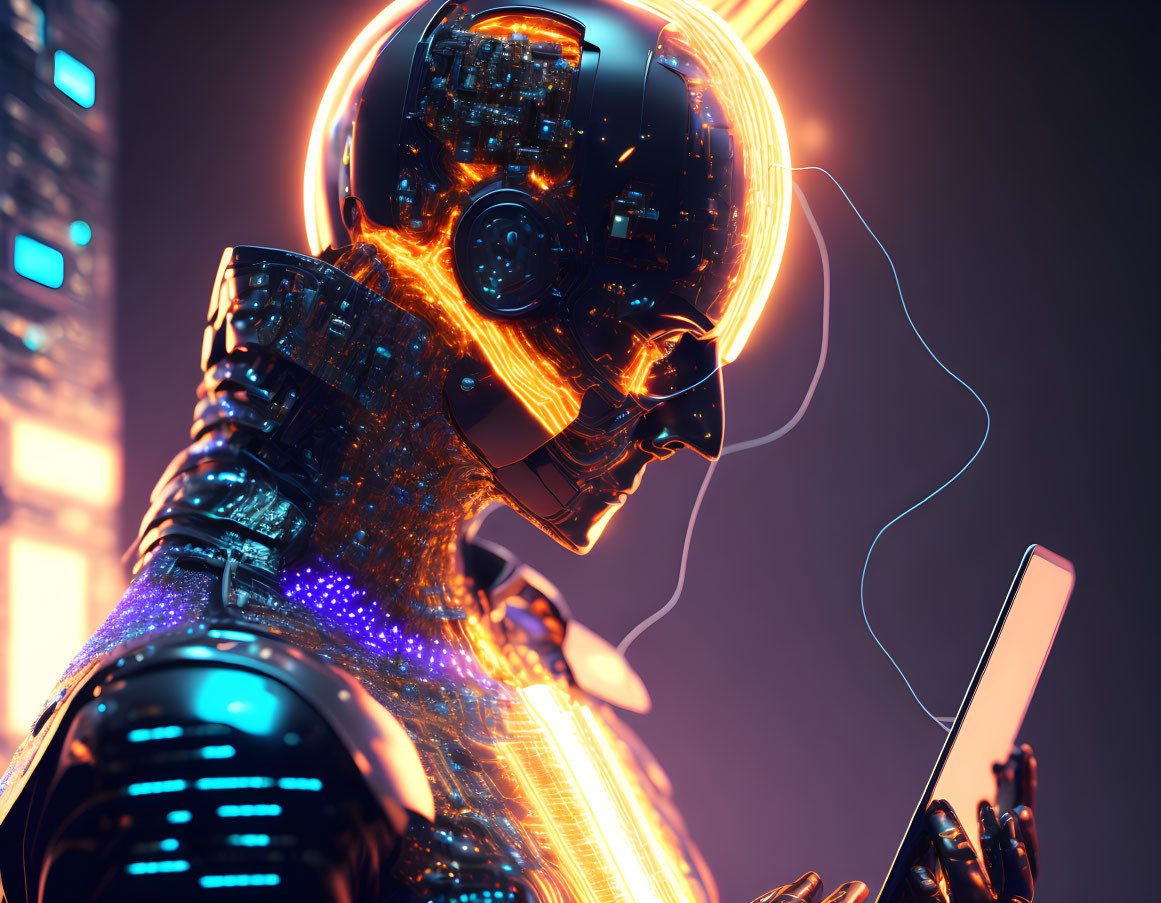 Detailed futuristic robot using smartphone in neon-lit cityscape