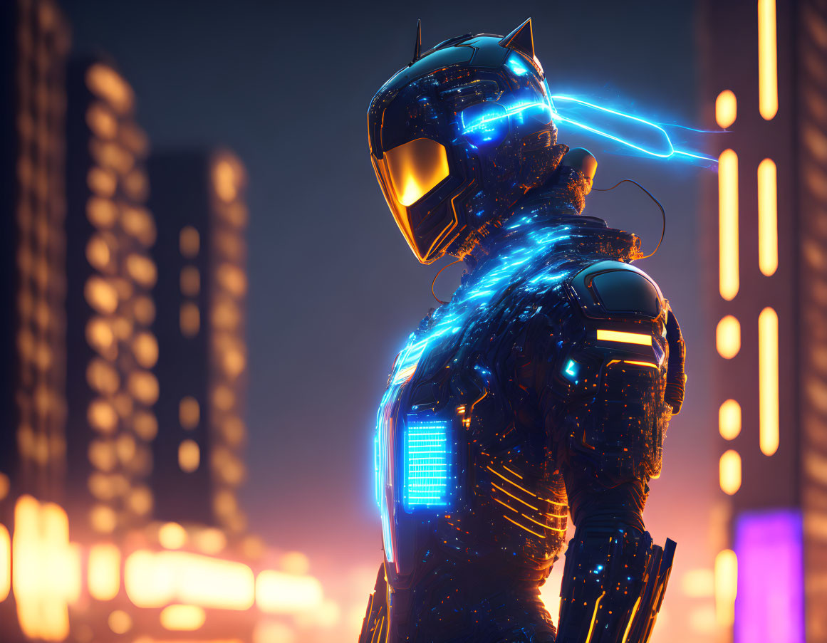 Armored robot with glowing blue visor in neon-lit cityscape