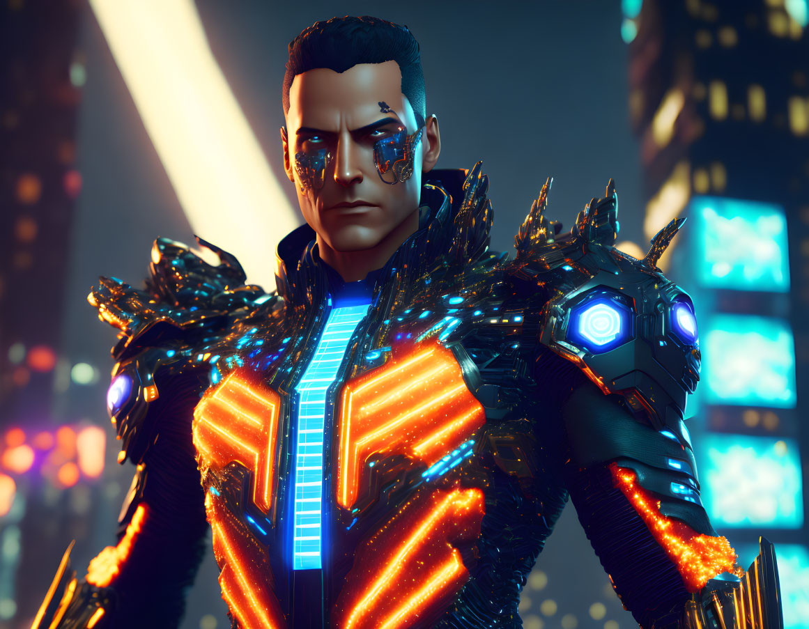 Futuristic warrior in glowing armor with cybernetic eye against neon-lit city