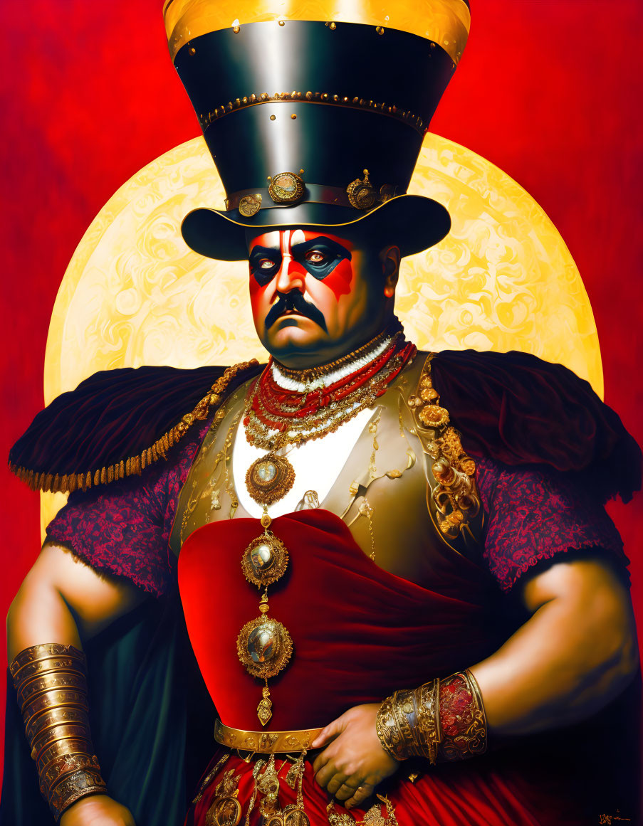 Elaborately dressed figure with black hat against red and gold backdrop