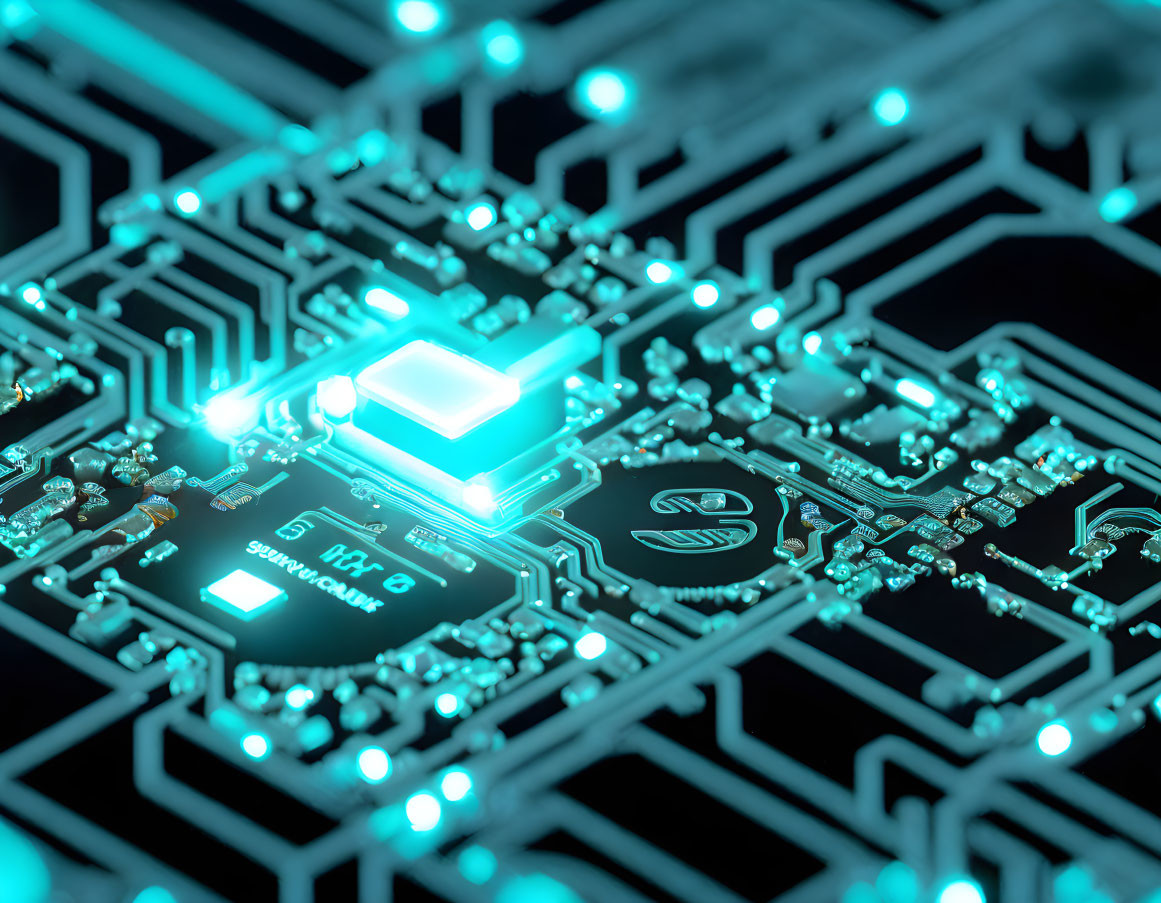 Intricate Glowing Circuit Board with Central Processing Unit