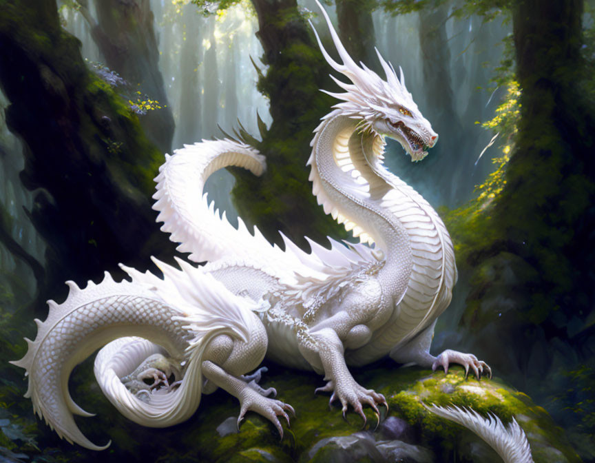 White Dragon Resting on Moss-Covered Stone in Sunlit Forest