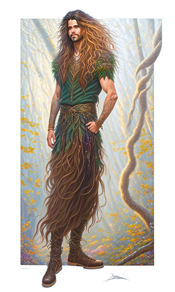 Man with Long Hair and Tattoos in Fantasy Forest Setting