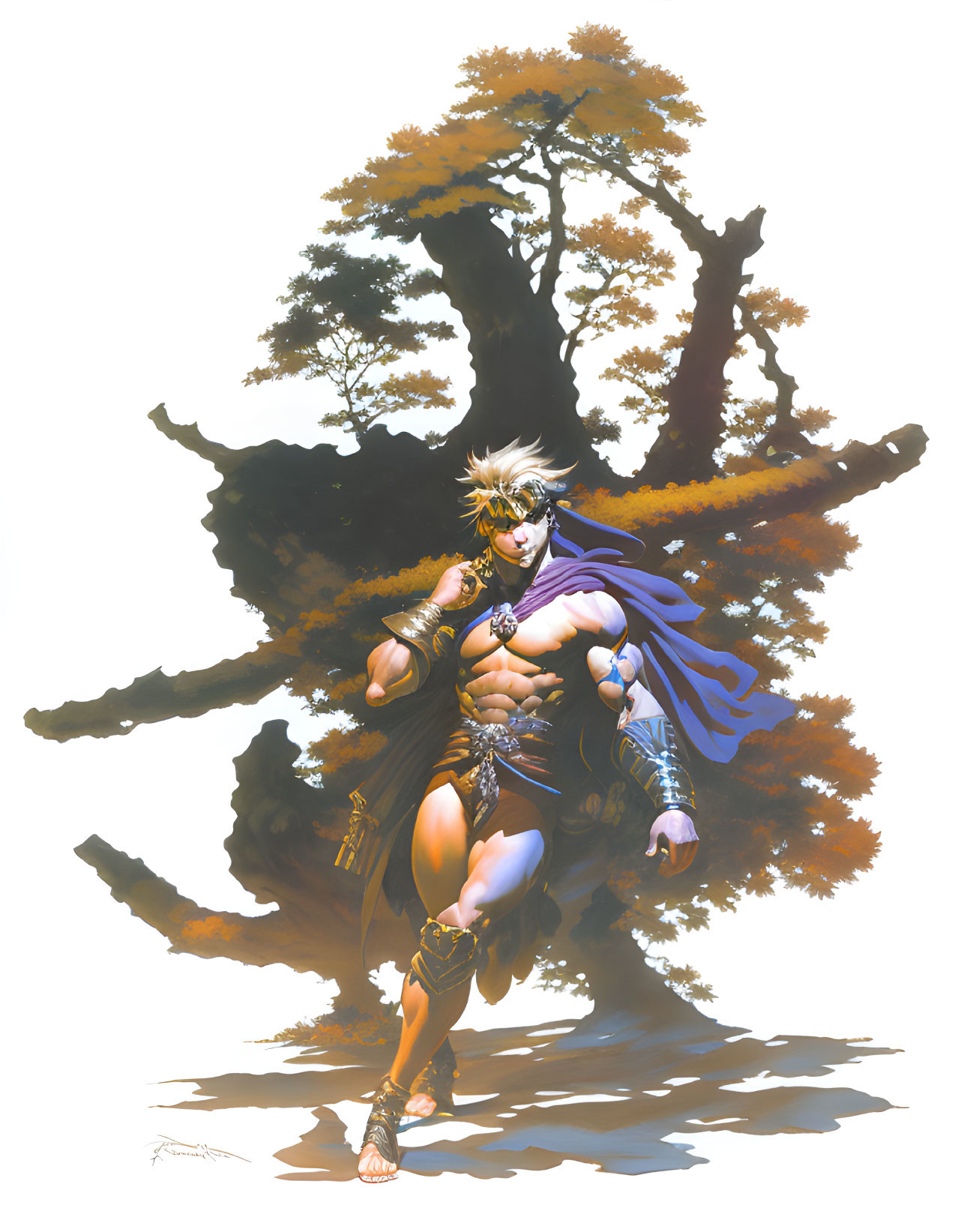 Muscular fantasy warrior under large tree with golden leaves and purple cape.