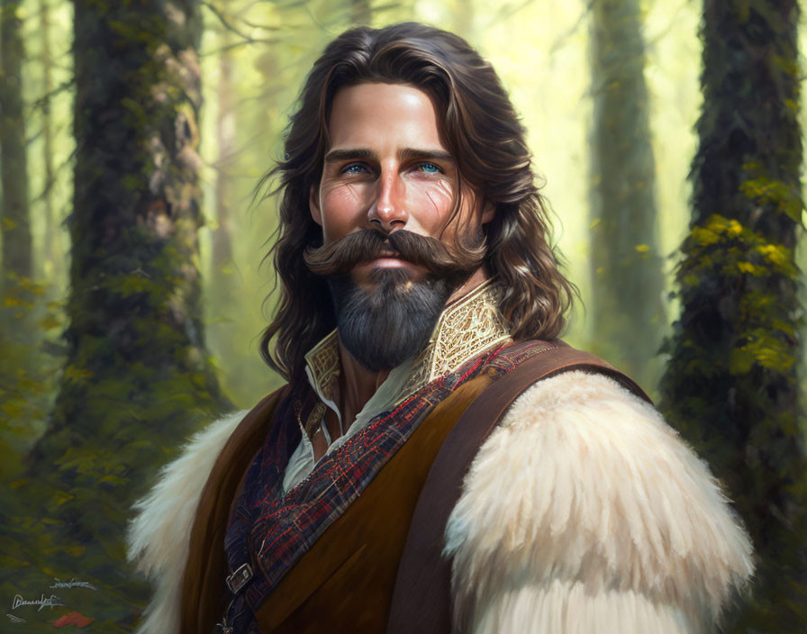 Digital painting of bearded man in forest with fur-trimmed vest and ornate shirt