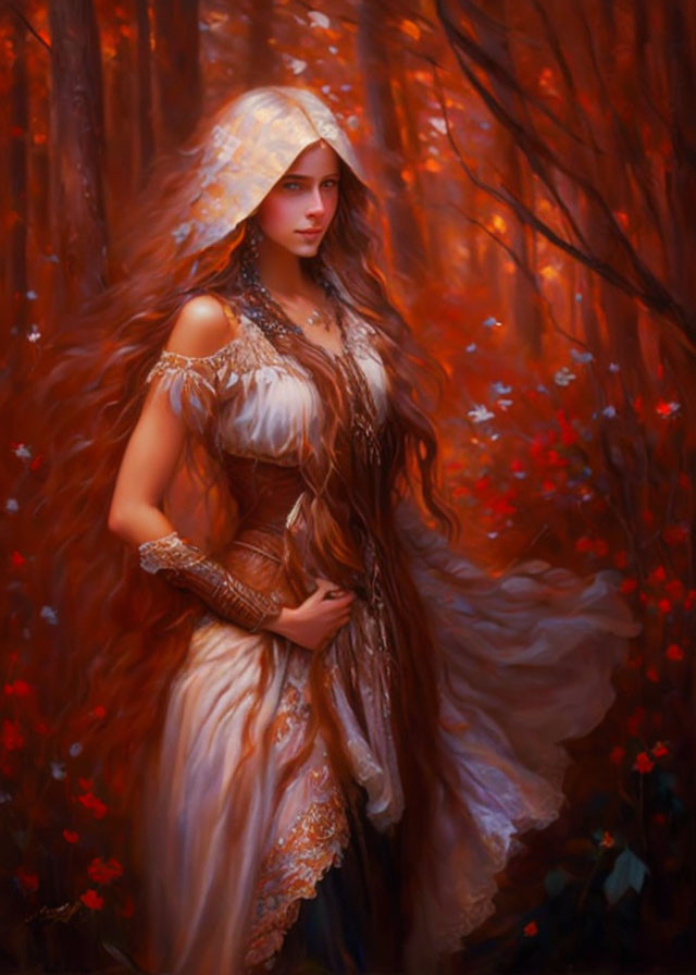 Woman in fantasy dress with long hair in mystical red forest