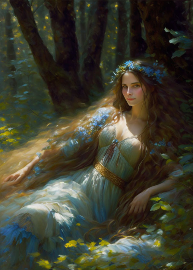 Woman in Blue Dress with Floral Wreath Sitting in Sunlit Forest