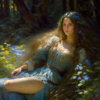 Woman in Blue Dress with Floral Wreath Sitting in Sunlit Forest