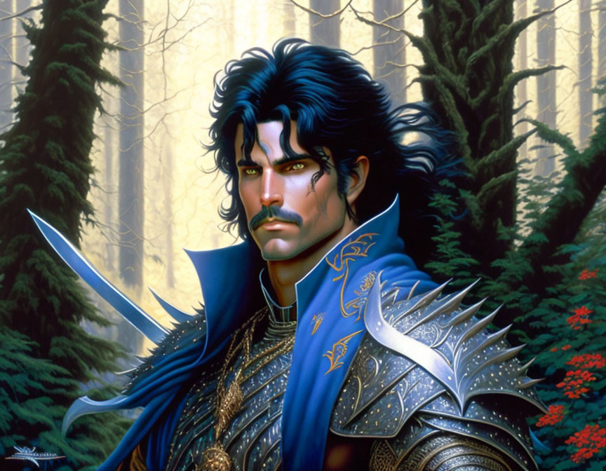 Fantasy warrior with black hair, dual swords, blue cloak, ornate armor in forest.