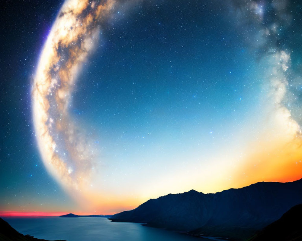 Grassy hilltop view of calm ocean under vibrant night sky