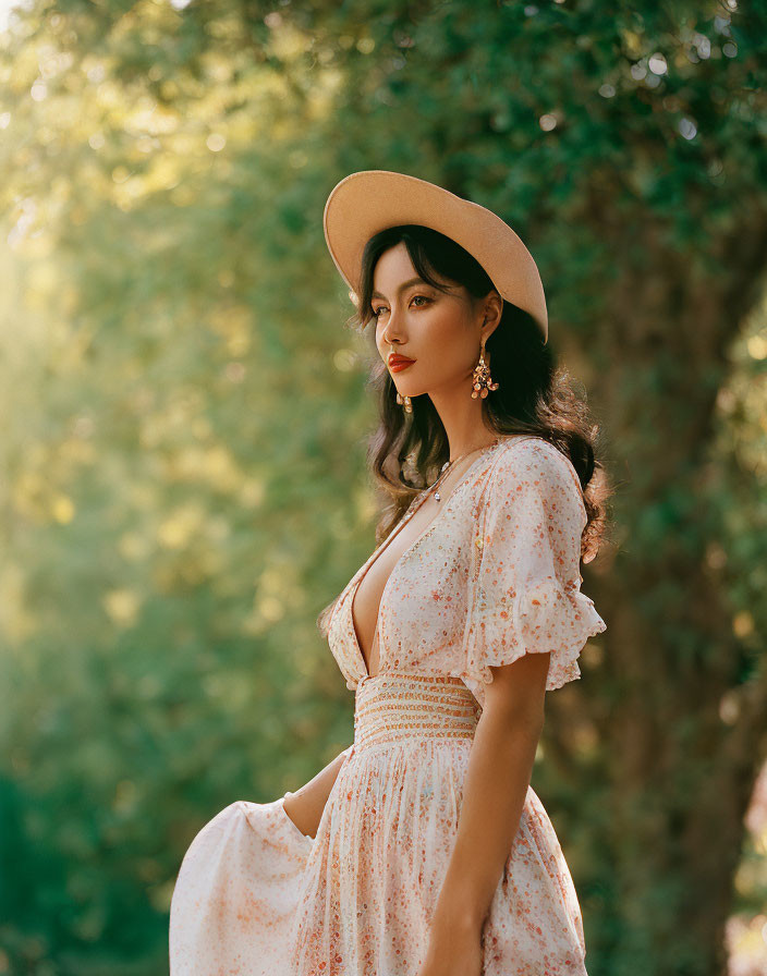 Woman in Floral Dress and Hat Standing in Dappled Sunlight