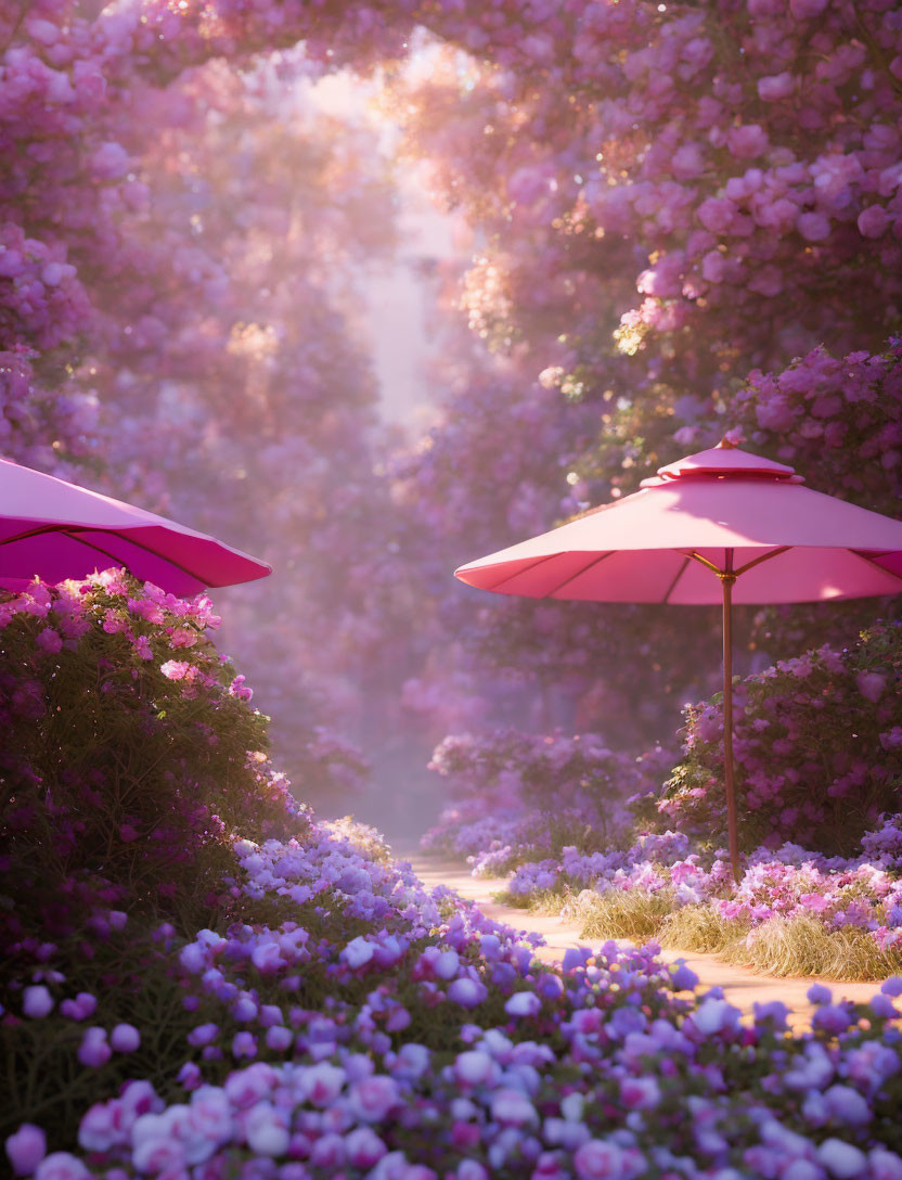 Tranquil Garden Pathway with Purple Flowers and Pink Umbrellas