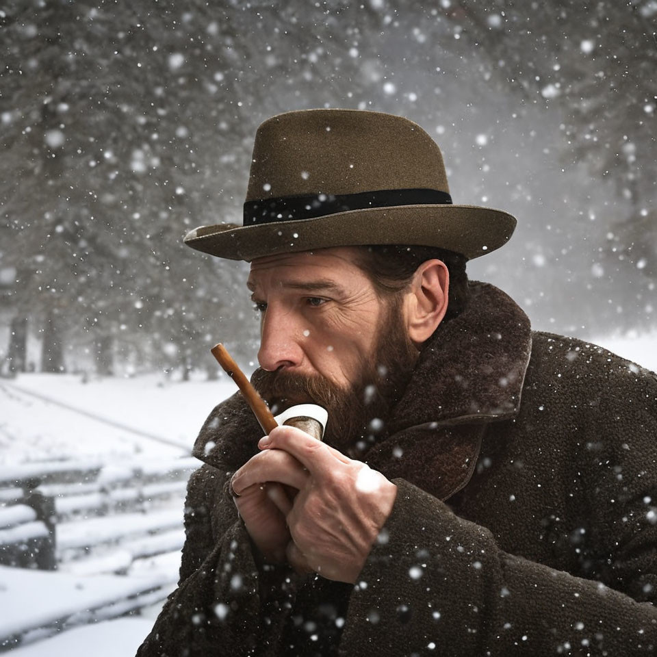 Bearded man in hat and fur coat lighting cigar in snowy scene