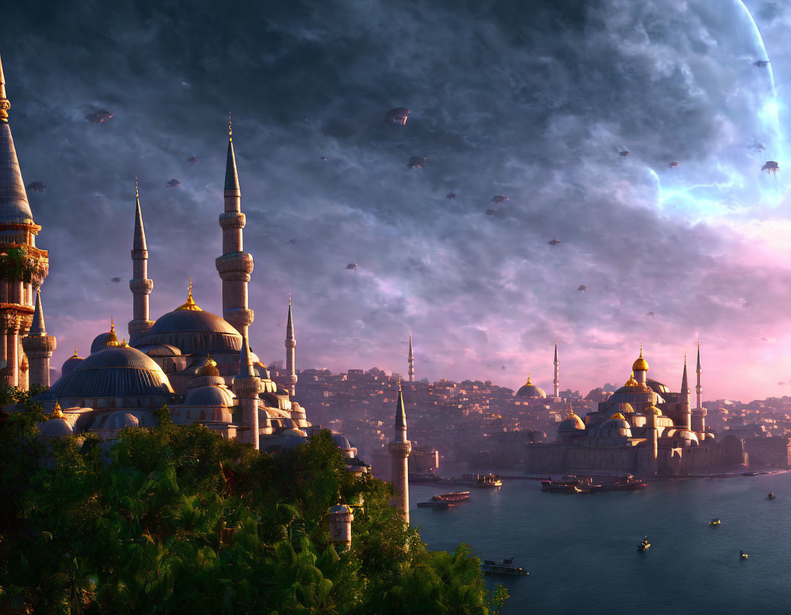 Fantastical cityscape with domed buildings, flying vessels, and large planet at sunset