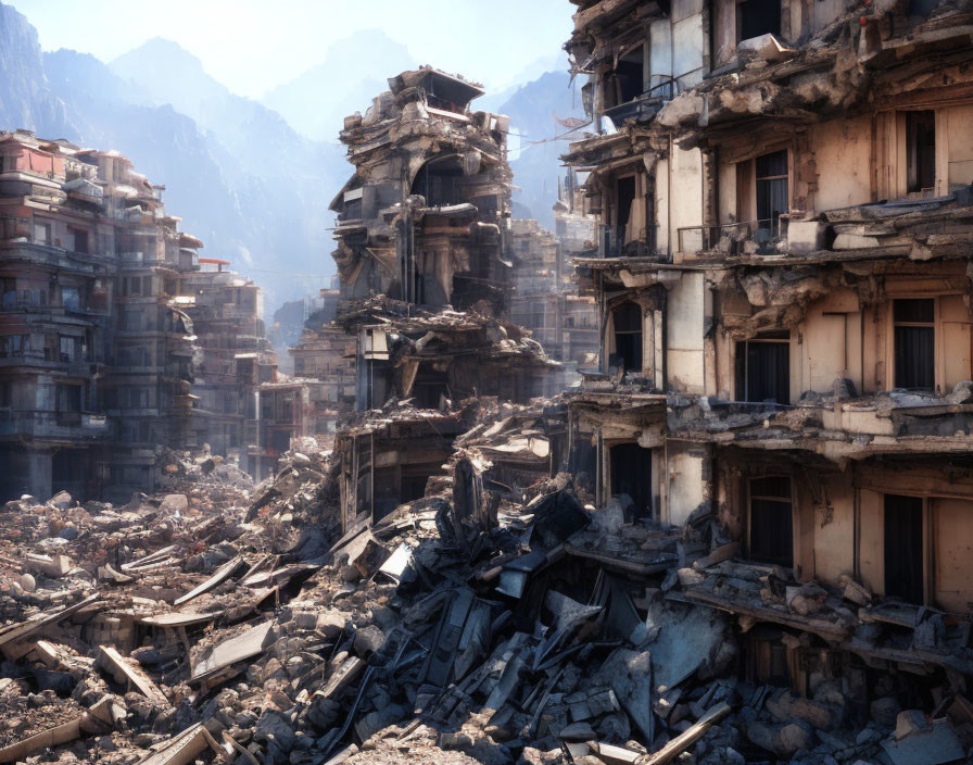 Dystopian scene with dilapidated buildings and mountains under hazy sky