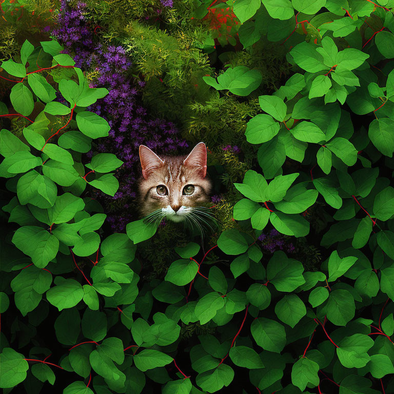 Cat peeking from dense green foliage with purple flowers