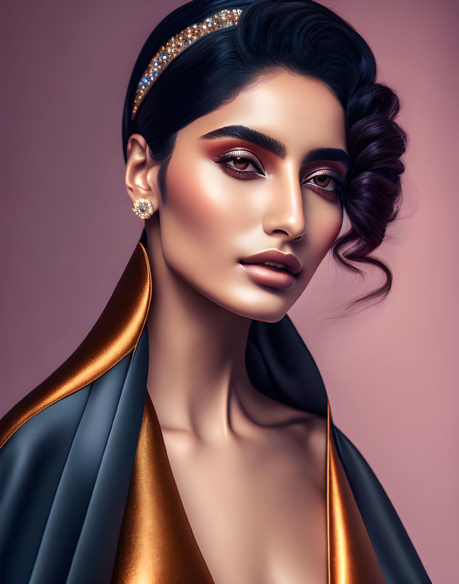 Sophisticated woman with glamorous makeup and wavy hair in bronze fabric