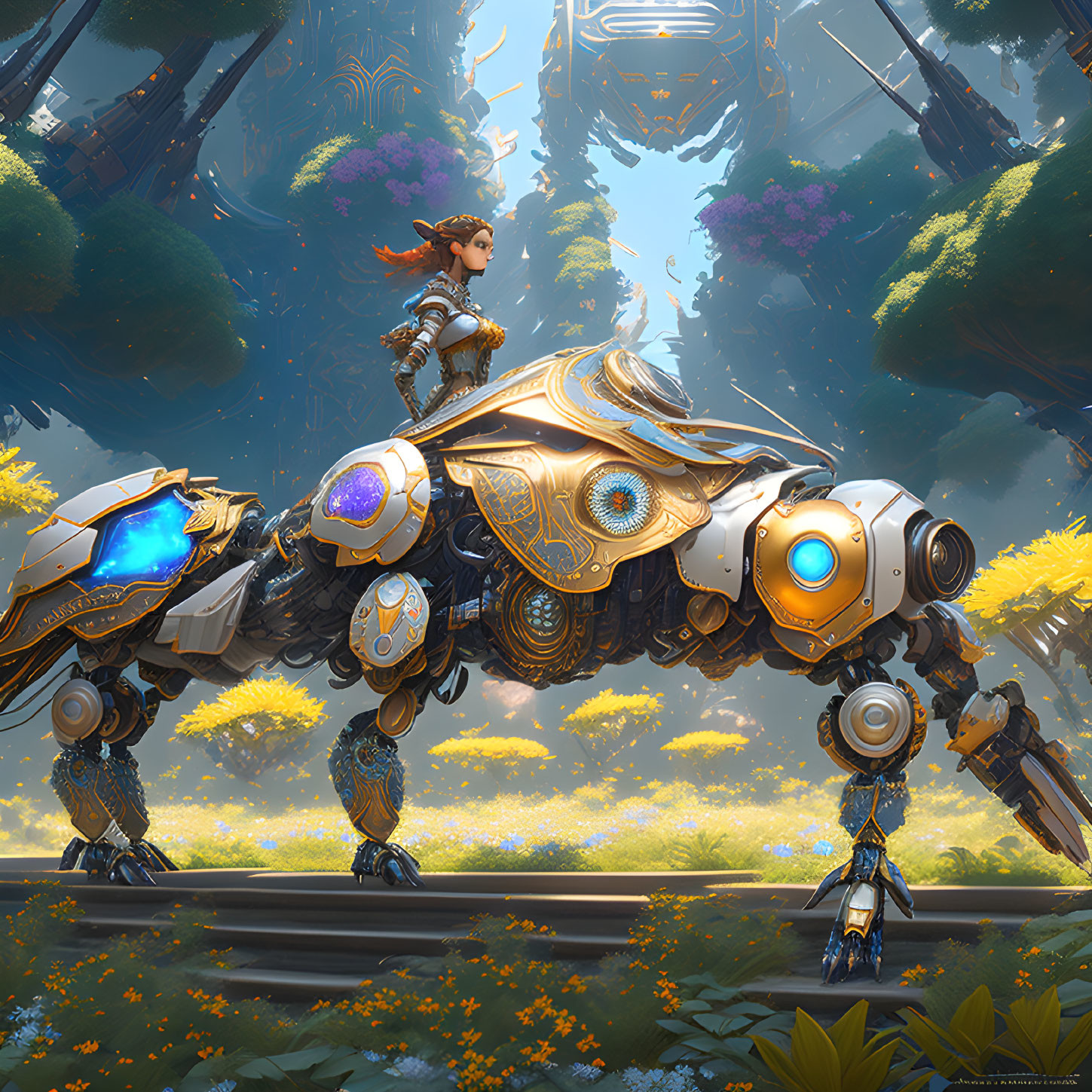 Warrior woman on ornate mechanical beast in futuristic forest