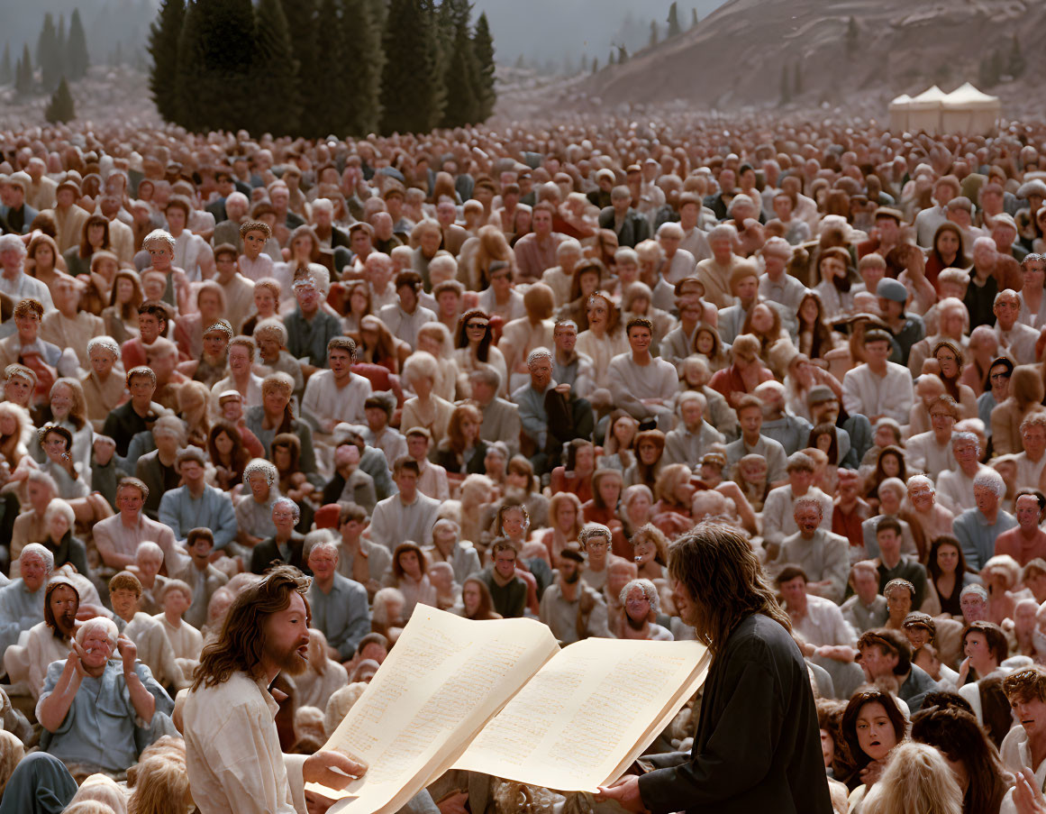 Group of people with similar appearance outdoors, two individuals looking at large book