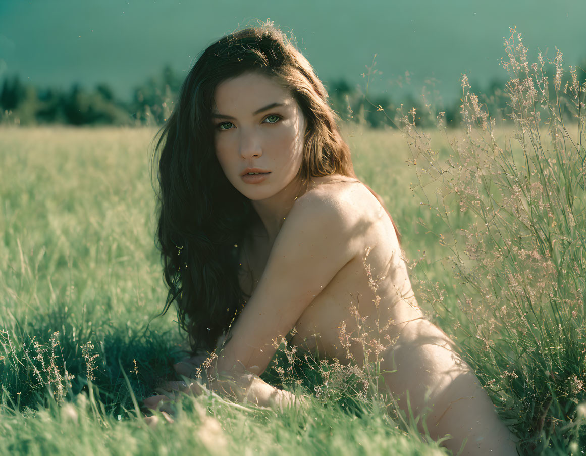 Intense Woman in Field Amidst Tall Grass and Sunlit Sky