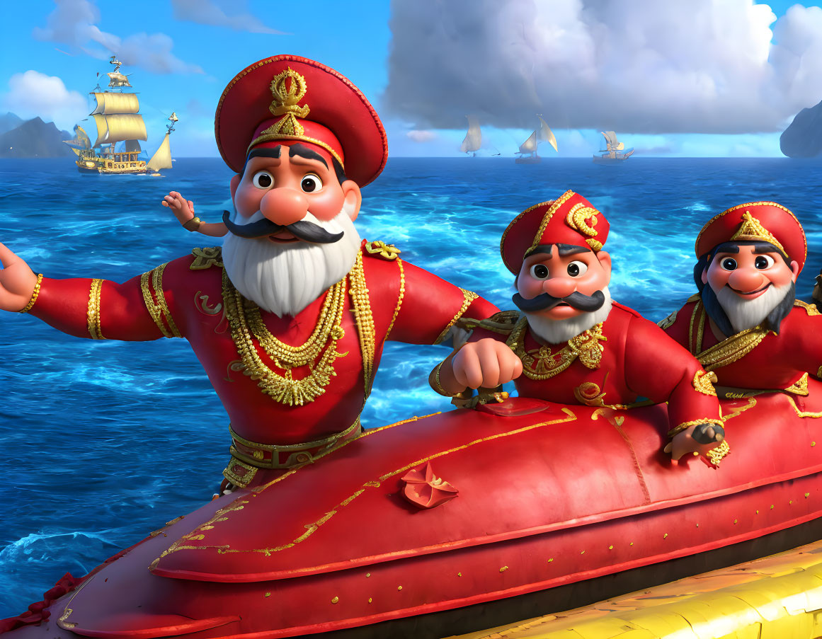 Three Sailor-Attired Animated Characters on Submarine with Maritime Battle