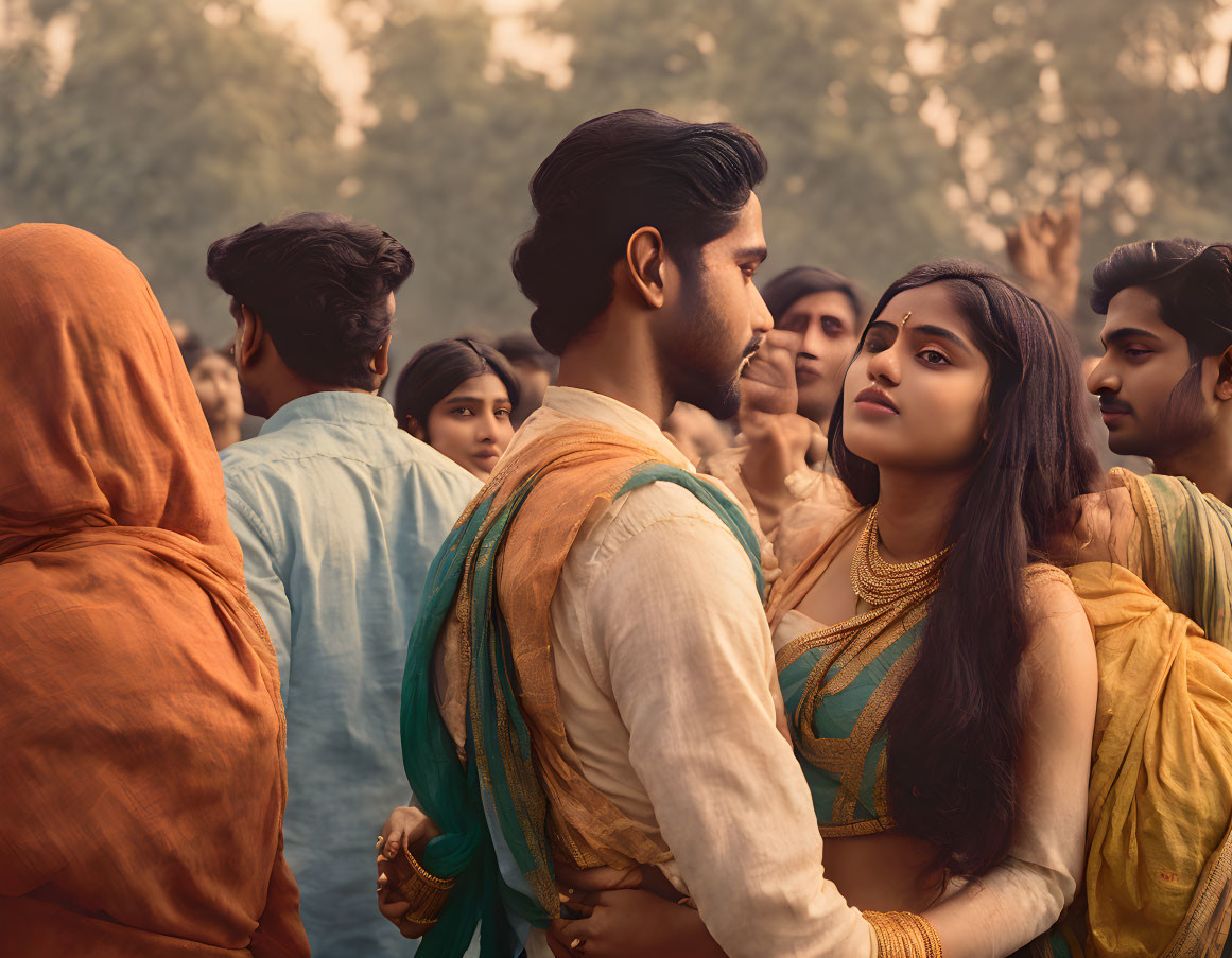 Intense gazes exchanged between man and woman in traditional Indian clothing