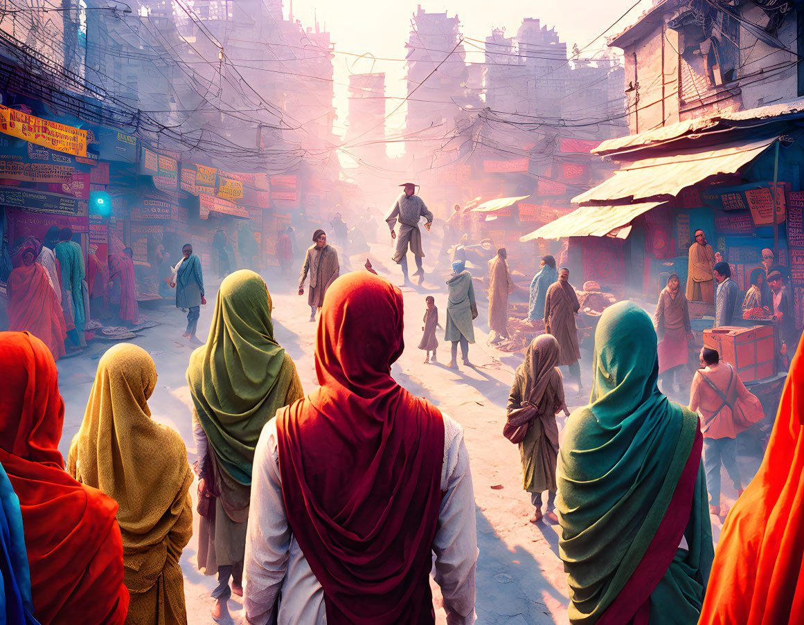 Colorful Indian Market with Busy People and Sun Rays