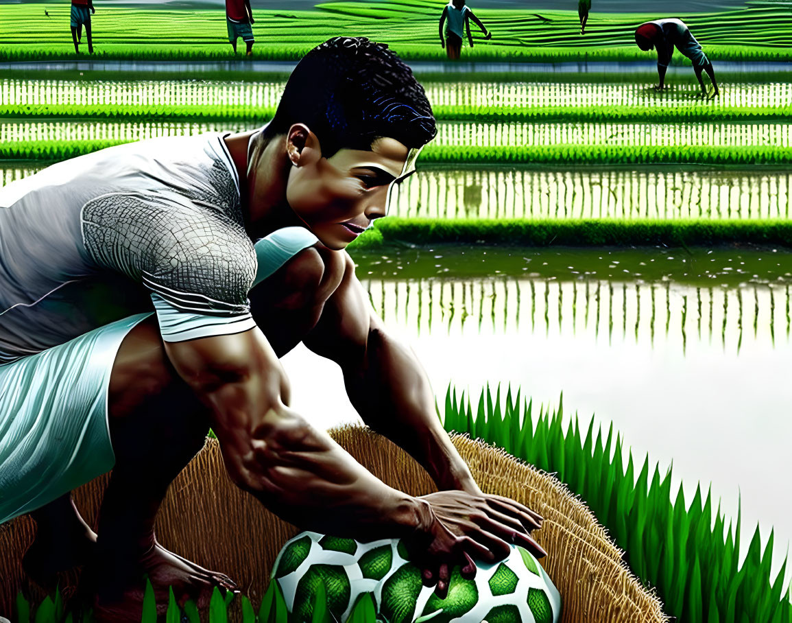 Soccer player crouching with ball in rural landscape.