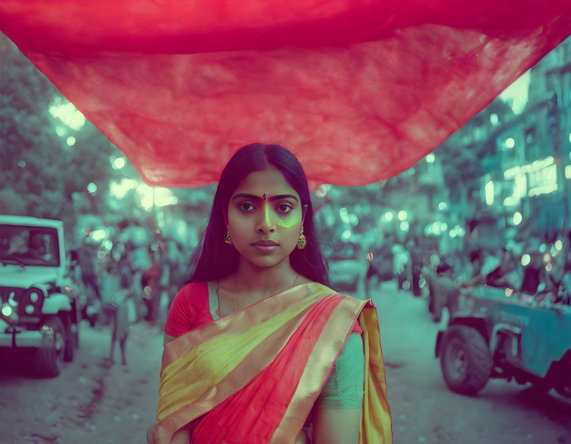 Traditional Attire Woman Under Red Fabric with Street Scene