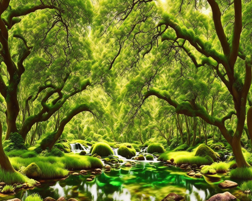 Serene stream in lush green forest with twisted trees and moss-covered rocks