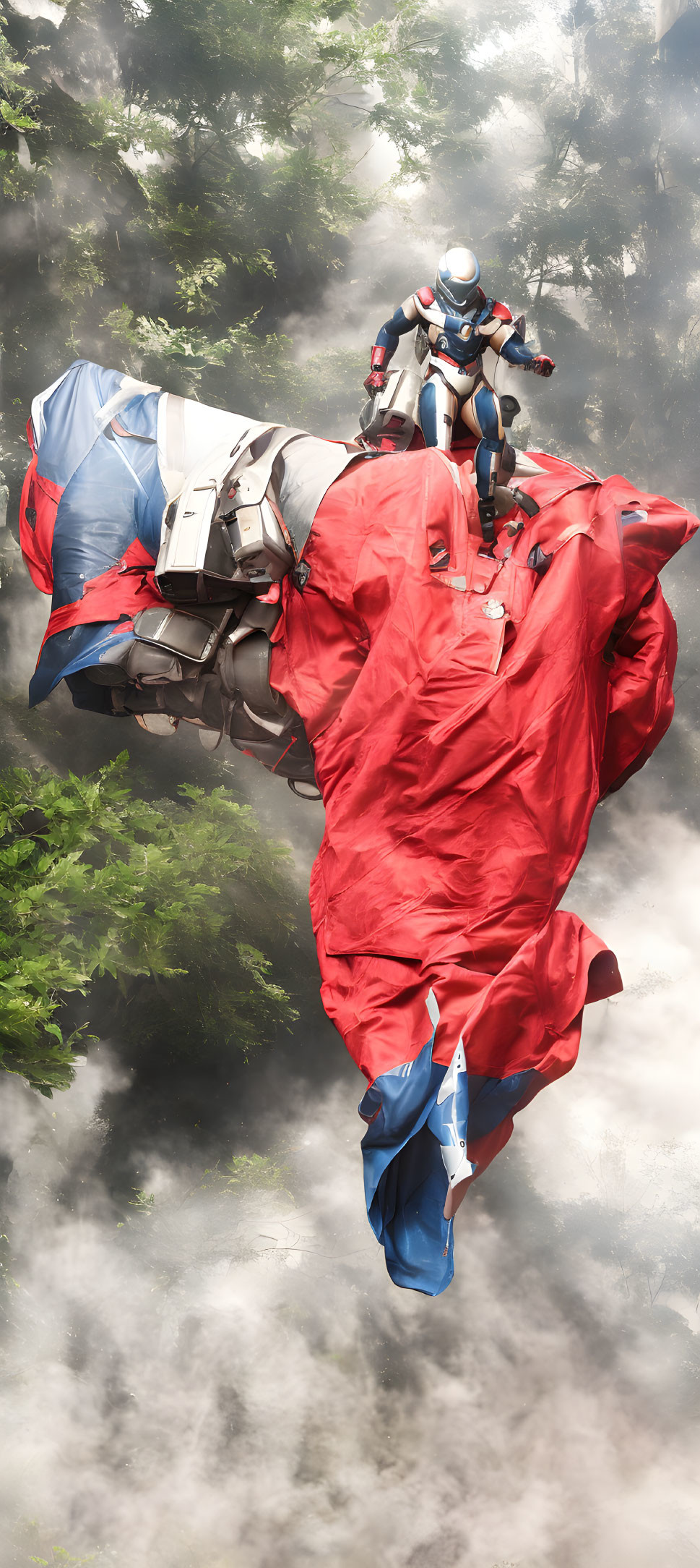 Wingsuit flyer in red and blue suit glides through misty forest