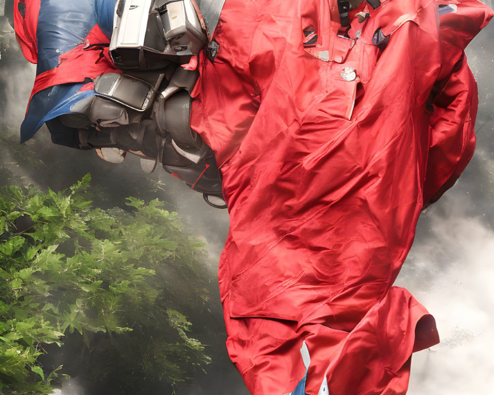 Wingsuit flyer in red and blue suit glides through misty forest