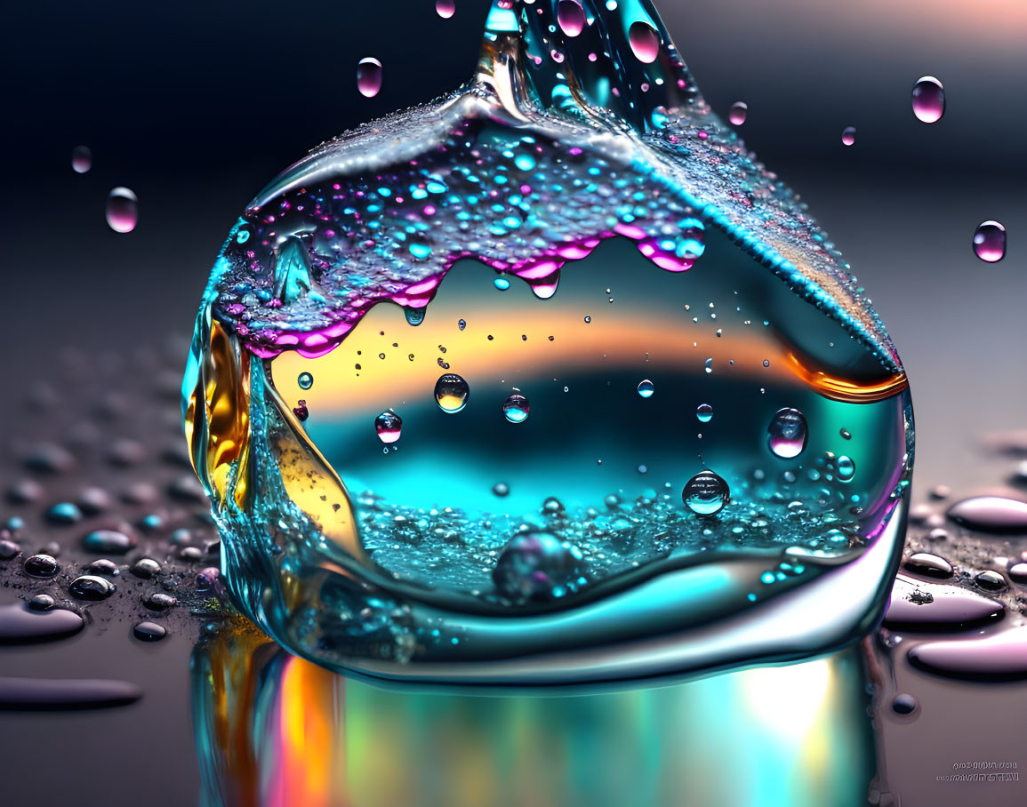 Colorful macro scene with suspended water droplet and reflections