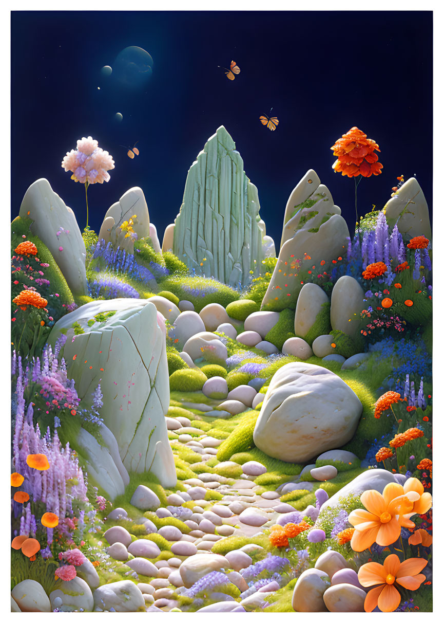 Enchanting pathway with colorful flowers, butterflies, and crystal formations