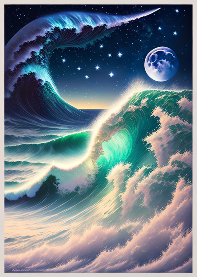 Surreal artwork: towering ocean waves, starry night, full moon, comet