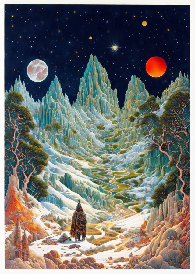 Fantastical landscape with icy mountains, starry sky, two moons, red planet, and clo