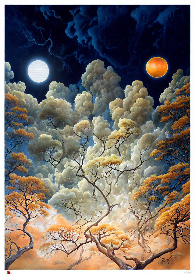 Surreal painting of leafless forest under night sky