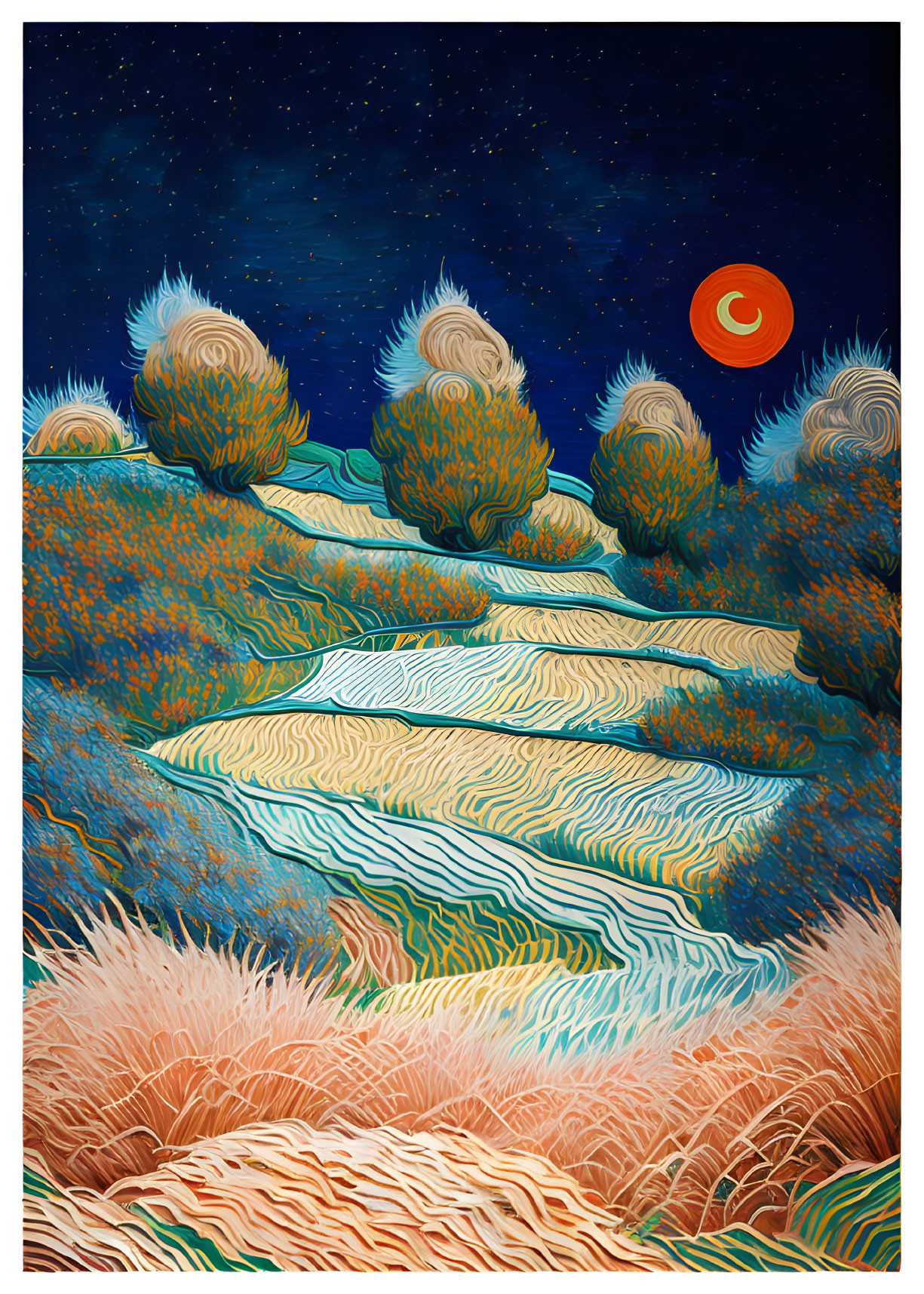 Stylized landscape with swirling patterns, river, grassy banks, bushes, starry sky,