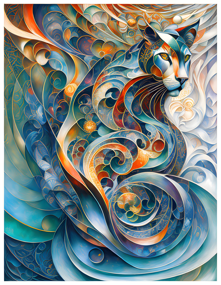 Colorful Abstract Art: Stylized Cat with Swirling Patterns & Cosmic Details