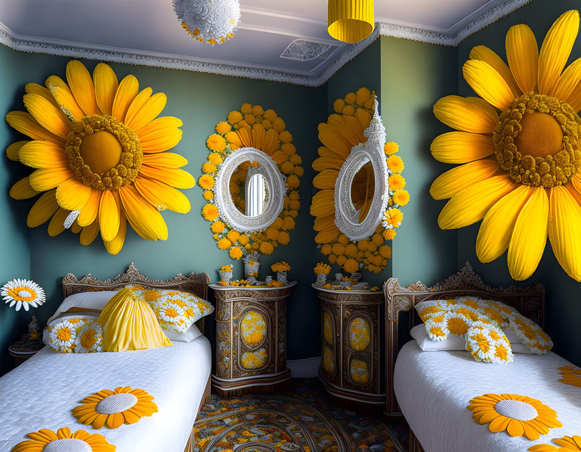 Sunflower-themed bedroom with vibrant decor