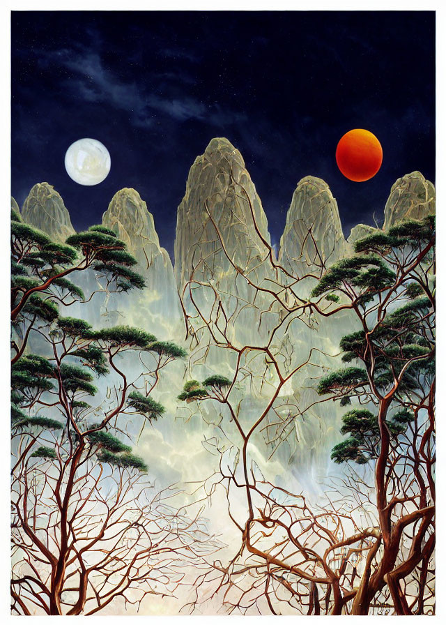 Misty cliffs, dual moons, red foliage, and starry sky landscape