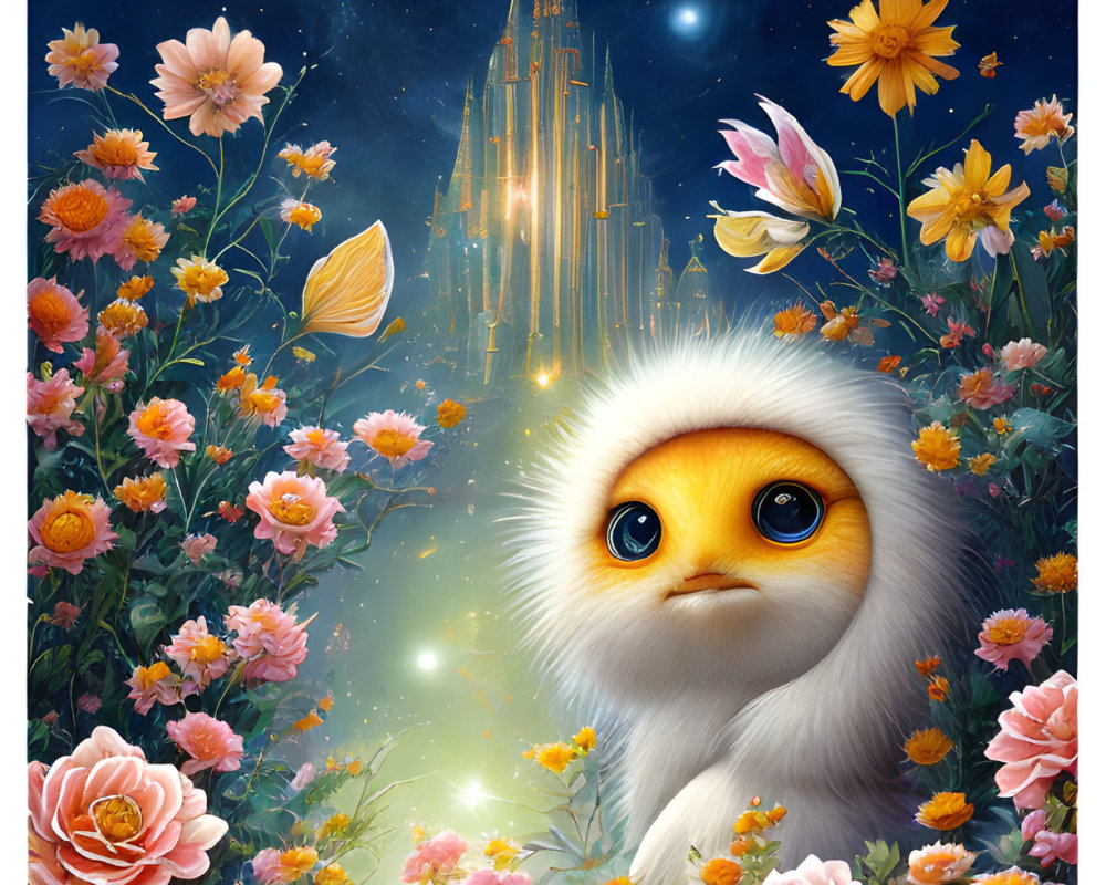 Fluffy creature in vibrant floral scene under night sky