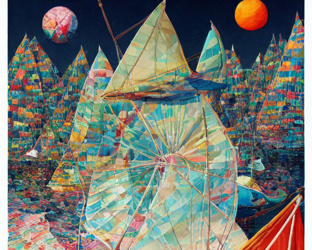 Colorful sailboat on patchwork sea with ice pyramids and celestial bodies