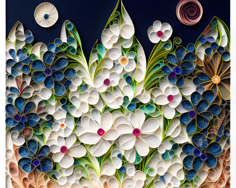 Colorful Quilled Paper Art: Floral Scene with Moons